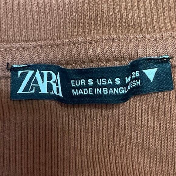 Zara Brown Ribbed Knit Short Sleeve Side Ruched Tie Mini Bodycon Dress Size S - Picture 10 of 12